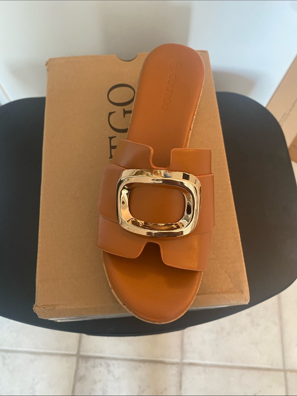 Women’s Tan Slide Mule with Gold Buckle